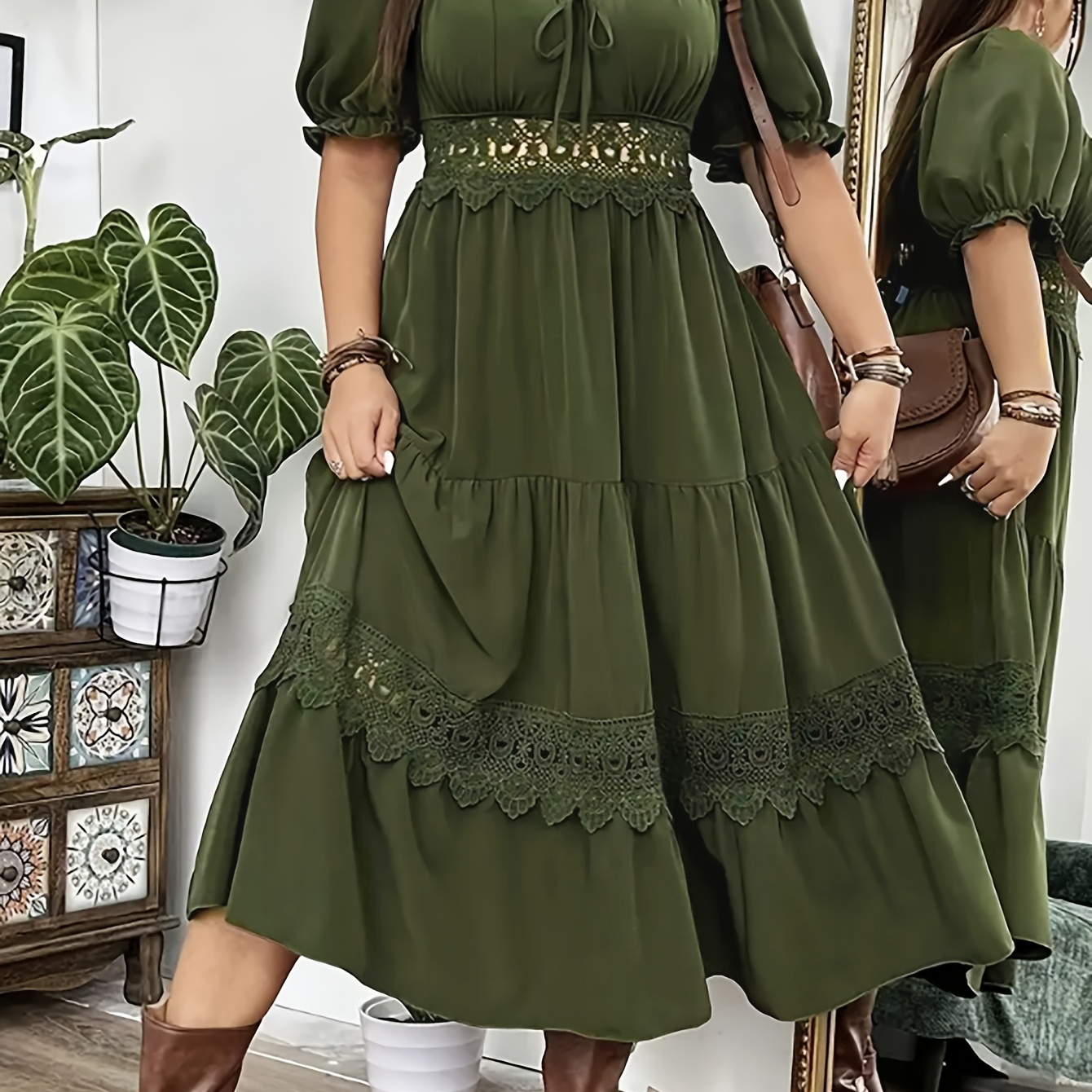 

Size Lace-trimmed Maxi Dress With Tie Front & Side Slit - Short Sleeve, Round Neck, Non-stretch Polyester - Spring/summer, Plus Sized Tiered Maxi Dress