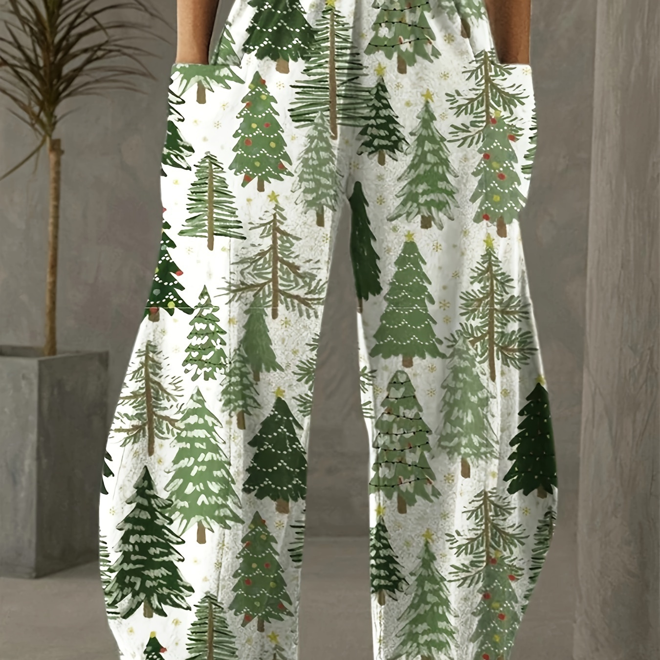 

Christmas Tree Printed Loose-fit Pants With Waistband And Pocket For Adults - Casual Polyester Woven Pants For All