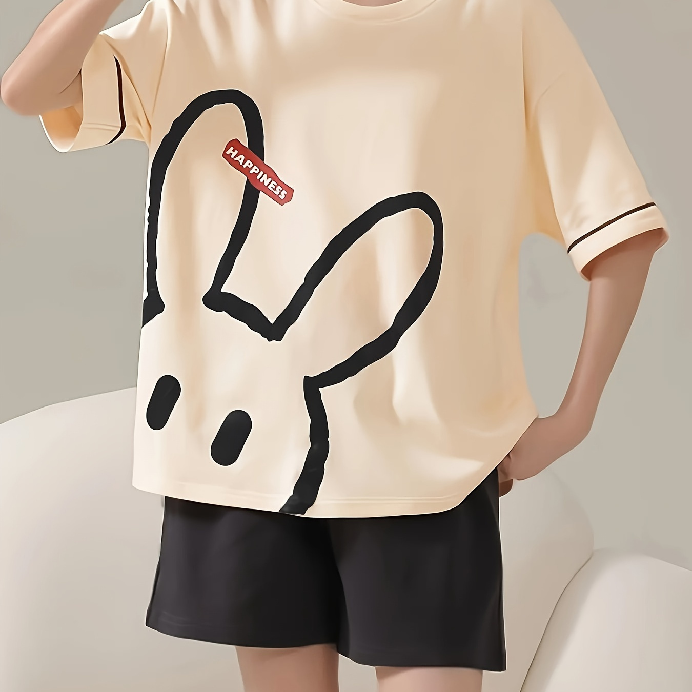

Cute Rabbit Print Loose Fit Pajama Set, Short Sleeve Round Neck Top & Elastic Shorts, Women's Sleepwear