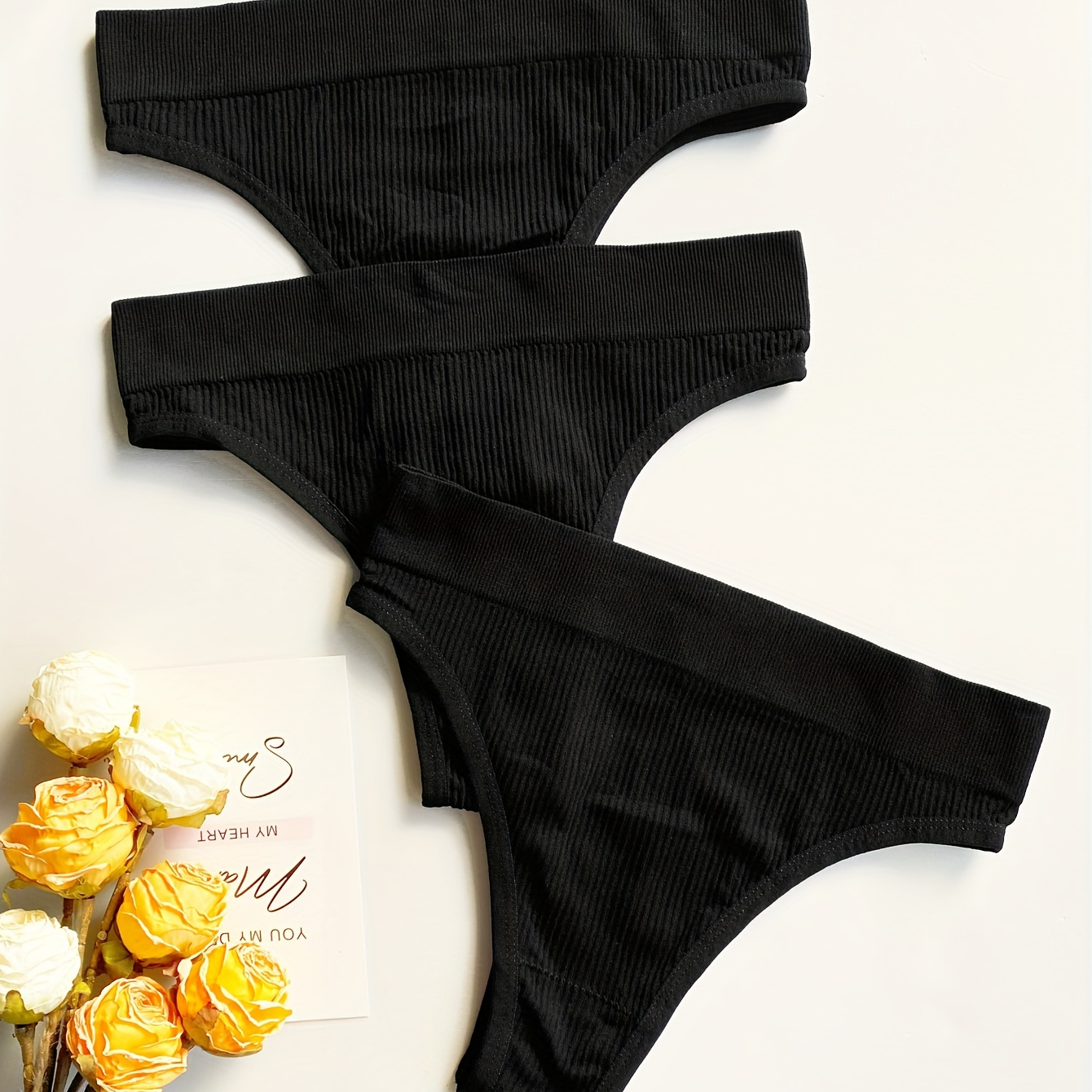 

3pcs Solid Ribbed Panties, Soft & Comfy Stretchy Intimates Panties, Women's Lingerie & Underwear