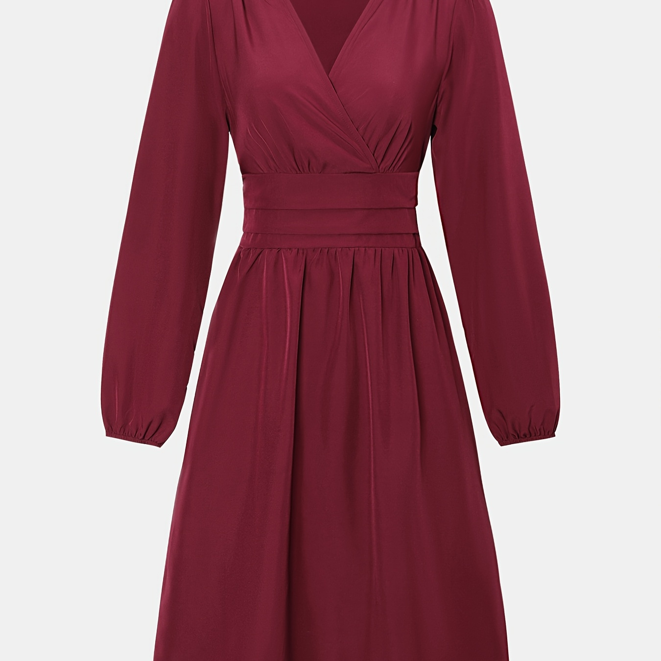 

Elegant Solid Color Dress With Lantern Sleeves And Surplice Neckline - Non-stretch Polyester, Machine Washable - Fall/winter