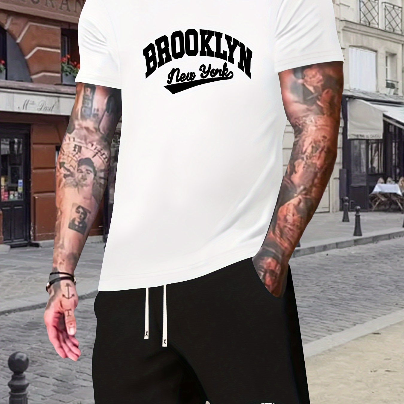 

Brooklyn New York Letter Print Men's Cozy T-shirt & Drawstring Shorts Creative Graphic Summer Stylish Men's Clothing