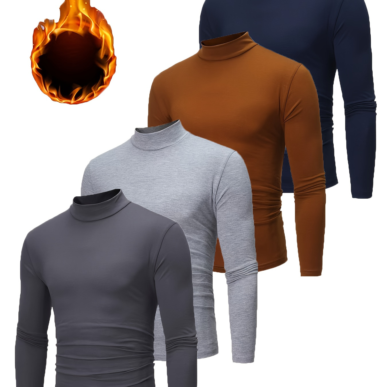 

4pcs Men's Fleece-lined Turtleneck Long Sleeve T-shirts - Soft, Warm, And Slim Fit For Fall/winter In Navy Blue, Orange, Gray, And Black