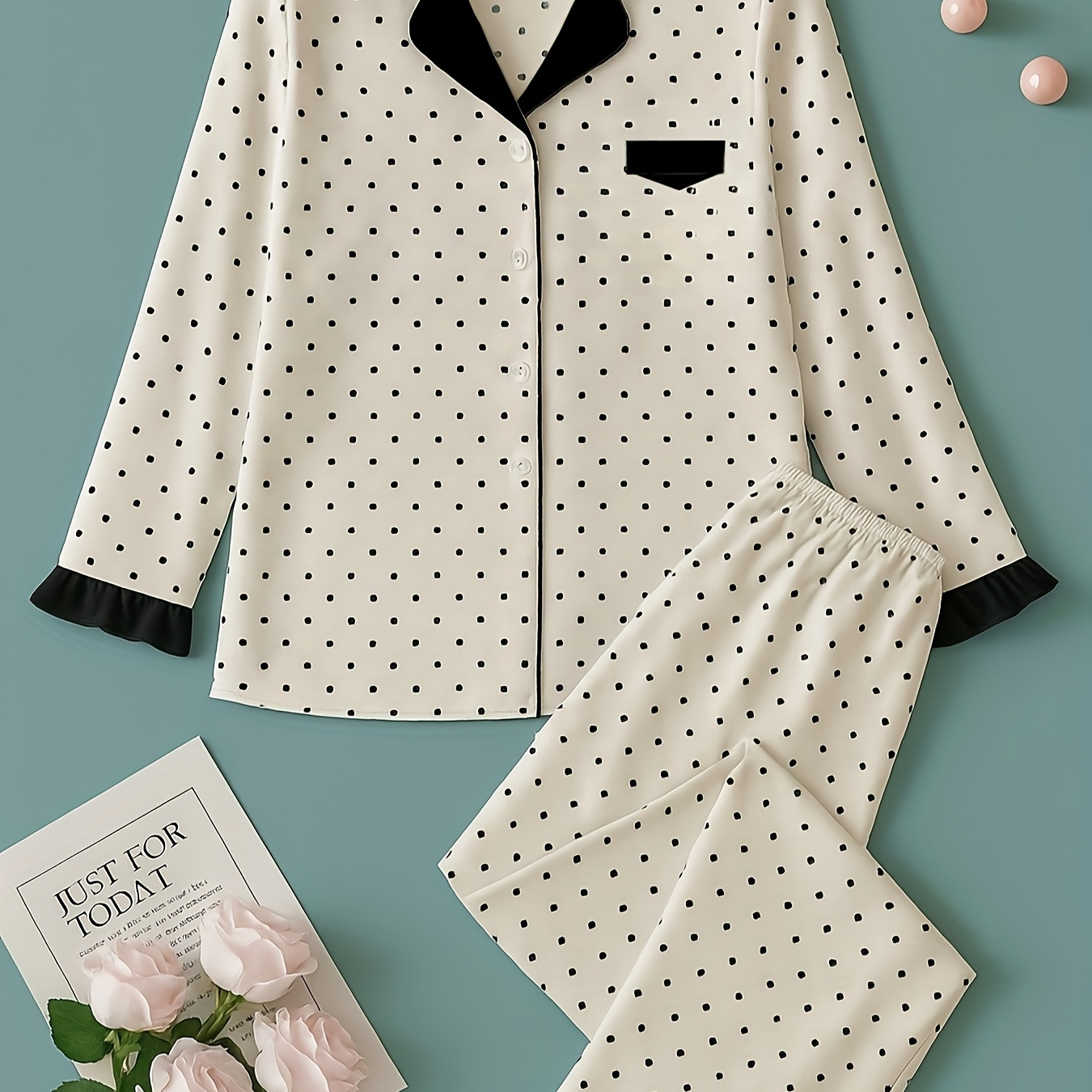 TEMU Long Sleeved Pajama Set For Women's Spot Color Home Clothes Two-piece Set Cardigan Long Sleeved Long Pants Outside Home Clothes Comfortable Breathable Pajama Set