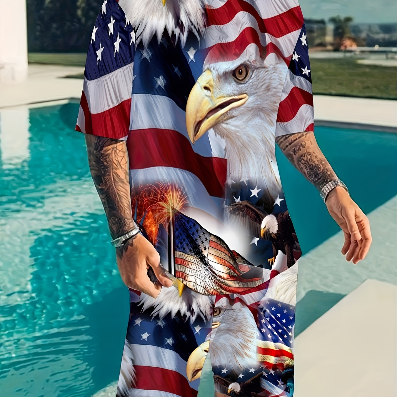 

American Flag Eagle 3d Print 2pcs Men's Casual Loungewear Set With Graphic Tees, Shorts, And Sports Suit