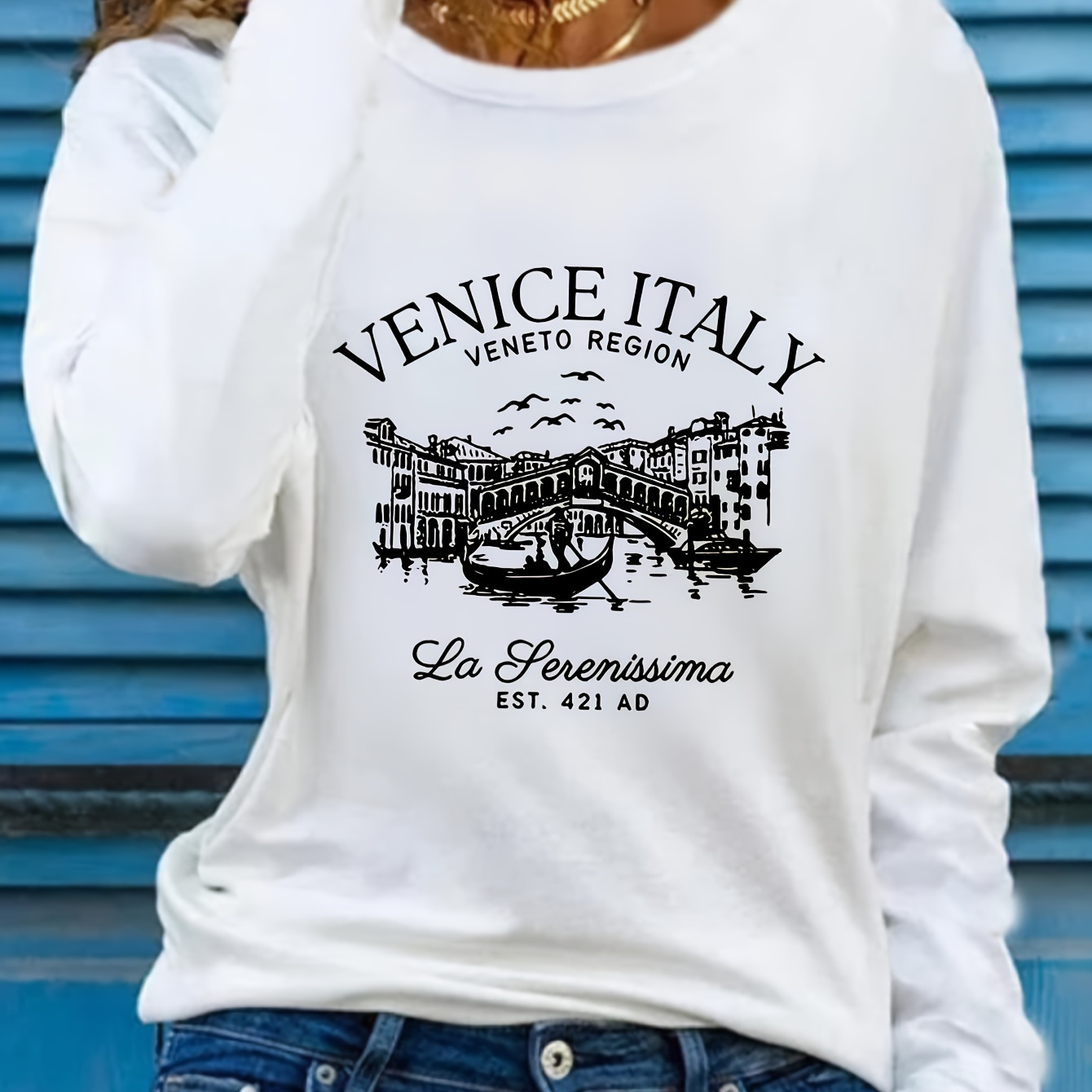 

Women's Long Sleeve T-shirt, Round Neck, , Polyester, Regular Fit, Autumn, Letter Print, Knit Fabric, Venetian Italy Graphic Tee