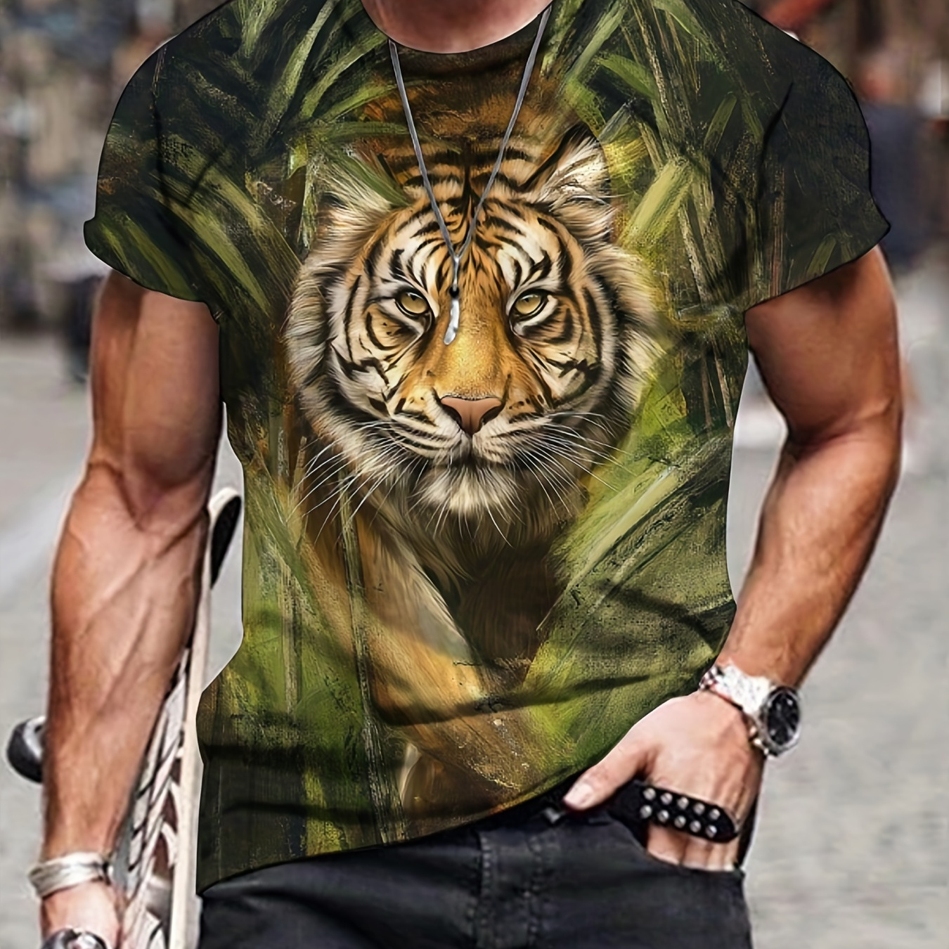 

3d Tiger Print Men's Novelty Short Sleeve Crew Neck T-shirt, Summer Outdoor, Jungle Lion Pattern, Lightweight Top, Youth