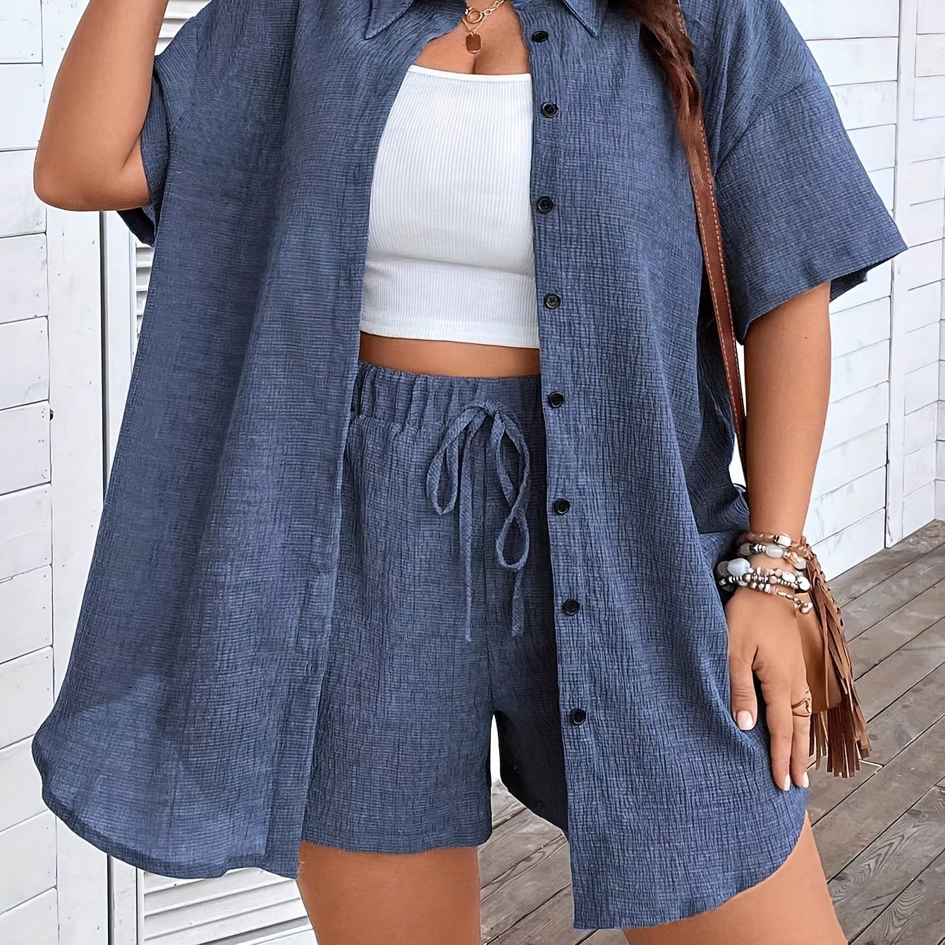 

Plus Size Casual Solid Color Shorts Set, Button Front Collared Short Sleeve Shirt & Drawstring Shorts Outfits, Women's Plus Size Clothing