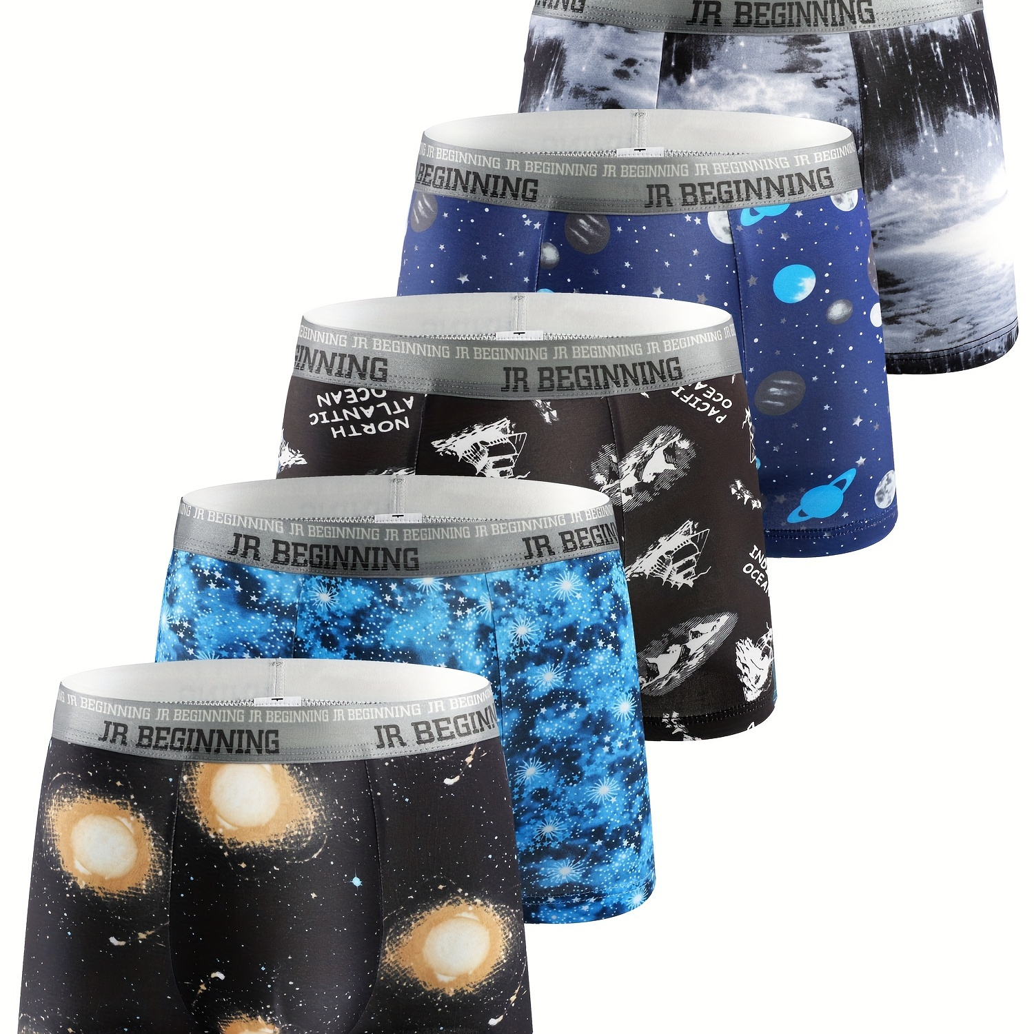 

Stylish Multi-color Series - 5 Pcs Men's Starry Sky & Planet Print Stretchy Boxer Briefs - Comfy & Underwear Set