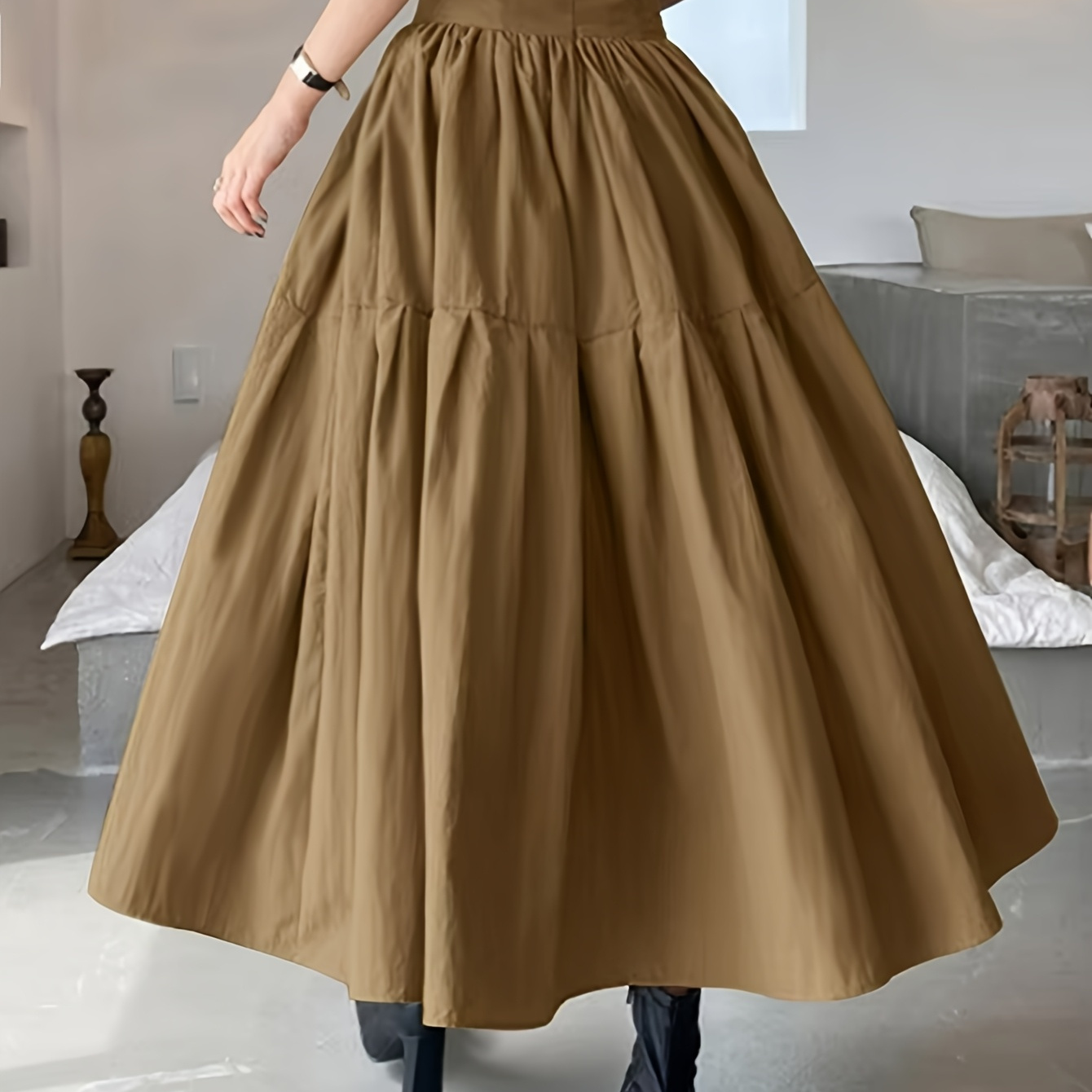 

Elegant High-waist Pleated Maxi Skirt For Women - Polyester, Machine Washable, Solid Color, Spring/summer/fall