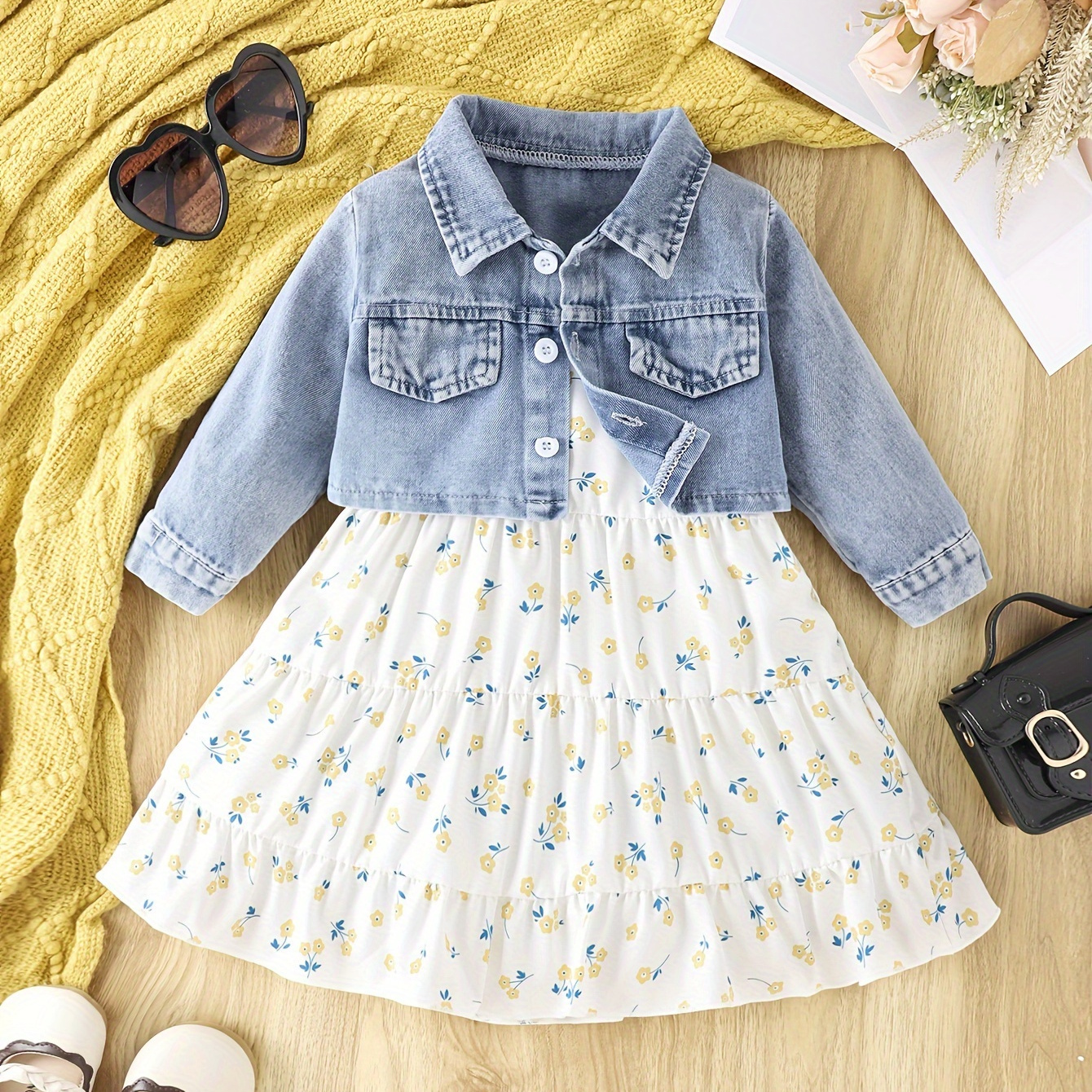 

2pcs Baby's Lovely Denim Jacket Outfit, Floral Pattern Cami Dress & Button Front Jacket, Infant & Toddler Girl's Clothes