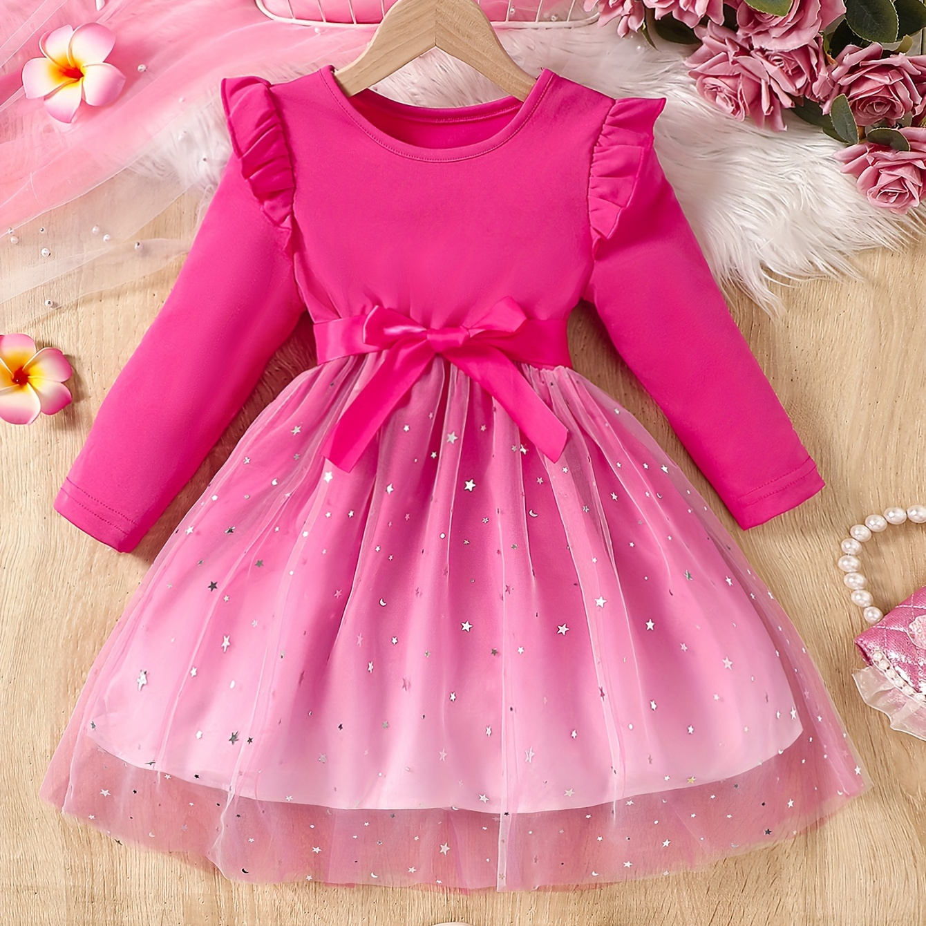 

Ombre Mesh A-line Long Sleeve Princess Dress For Girls, Spring & Fall Casual Dresses, Gift