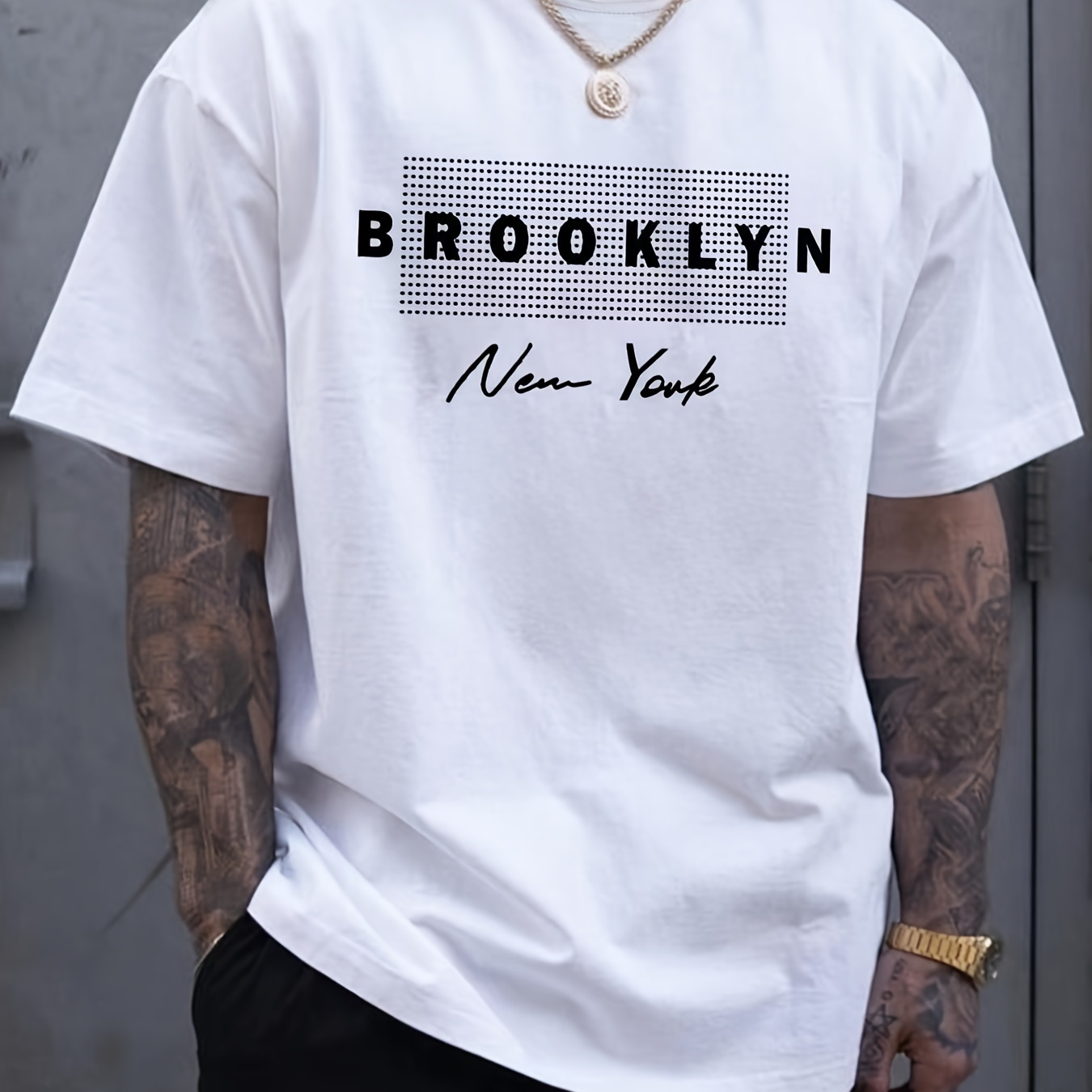 

T-shirt décontracté pour homme - Polyester et élasthanne, col rond, manches courtes, imprimé "Brooklyn", lavable en machine, vêtements d'été