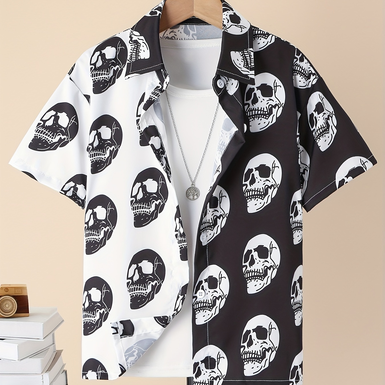 Boys Casual Short Sleeve Skull Element Shirts, Comfy Stretch Tops For Summer Kids Clothes