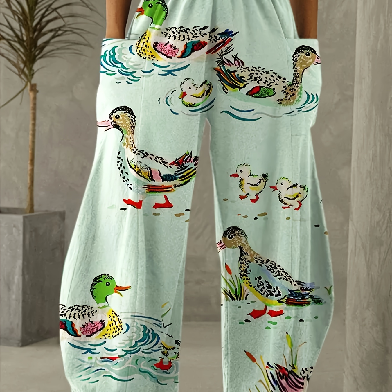 

Cute Polyester Wide Leg Pants With Duck Print, Casual Trousers, Animal Pattern, Woven Fabric, With Pockets For Adults - 0284 Development