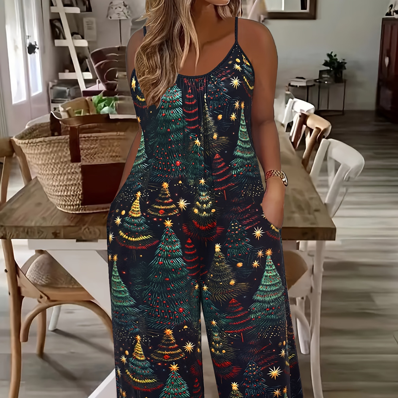 

Women's Christmas Tree Print Jumpsuit, Spaghetti Strap, Round Neck, Casual Polyester Fabric, Wide Leg, Pockets, Knit Fabric, All , Adult Size