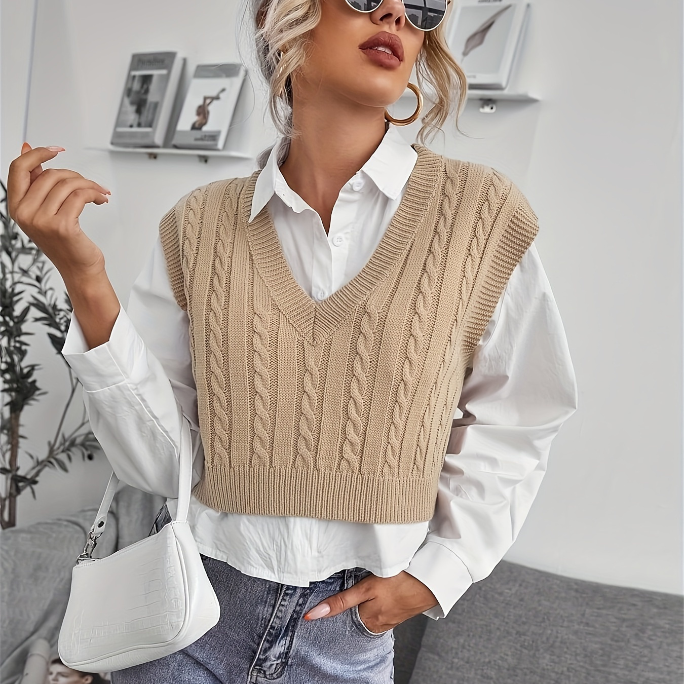 

Solid Cable Knit Crop Sweater Vest, Elegant Sleeveless V-neck Knitted Tank Top, Women's Clothing