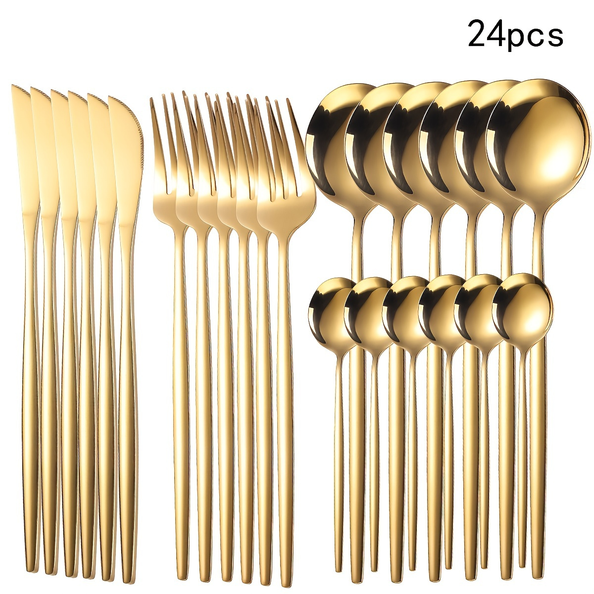 

24pcs Stainless Steel Knife And Fork Portuguese Cutlery Set Golden Creative Western Steak Knife, Fork And Spoon Suitable For Family Restaurant, Dishwasher Safe Eid Al-adha Mubarak
