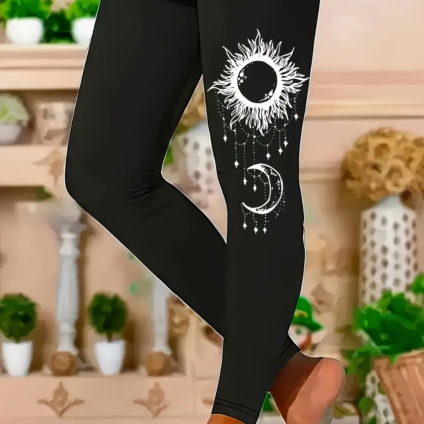 

1pc Print High-waisted Skinny Leggings, 92% Polyester 8% Spandex Stretch Knit Fabric, , Random