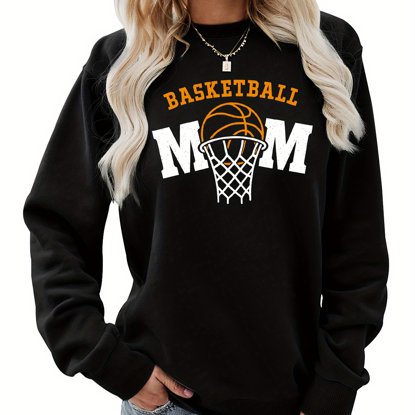 

Basketball Mom Print Sweatshirt, Casual Crew Neck Long Sleeve Sweatshirt, Women's Clothing