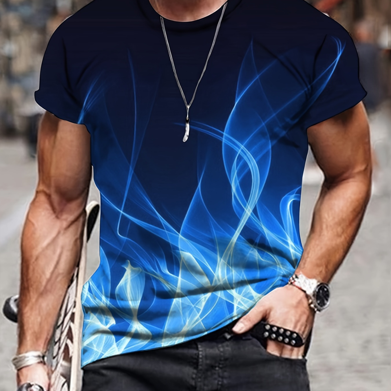 

3d Blue Fire Print, Men's Graphic Design Crew Neck Novel T-shirt, Casual Comfy Tees Tshirts For Summer, Men's Clothing Tops For Daily Vacation Resorts