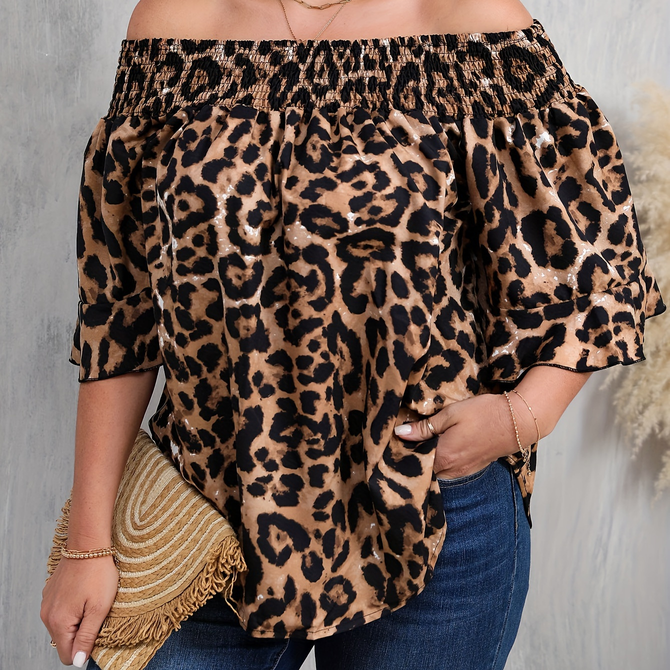 

Plus Size Leopard Print Blouse, Elegant Off Shoulder Ruffle Sleeve Blouse For Spring, Women's Plus Size clothing