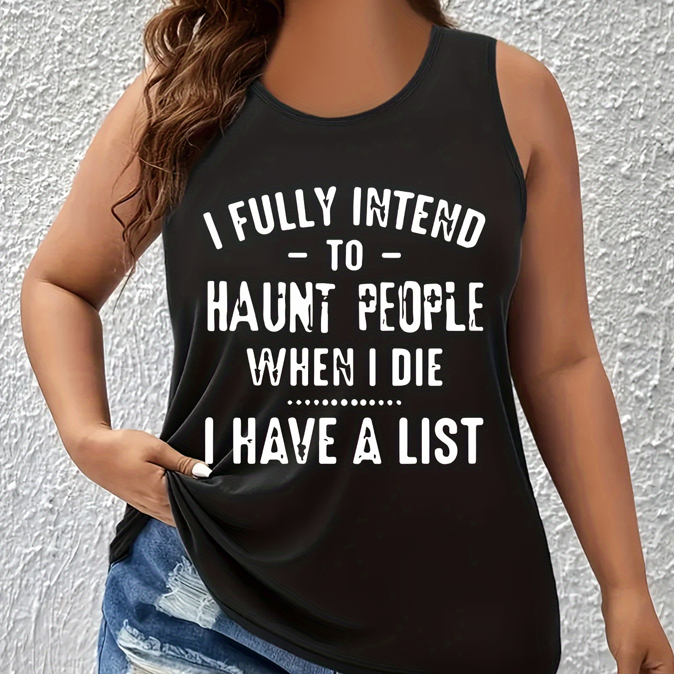 

Plus Size Casual Tank Top For Women - "i Fully To People When I Die" Letter Print, Sleeveless Shirt, Soft Polyester , Machine Washable, Round Neck - Spring/summer/fall, Plus Size Tank Tops