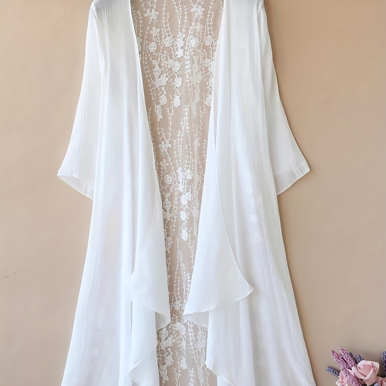 

Plus Size Solid Color Lace Semi Sheer Elegant Up Kimono, Women's Swimwear & Clothing