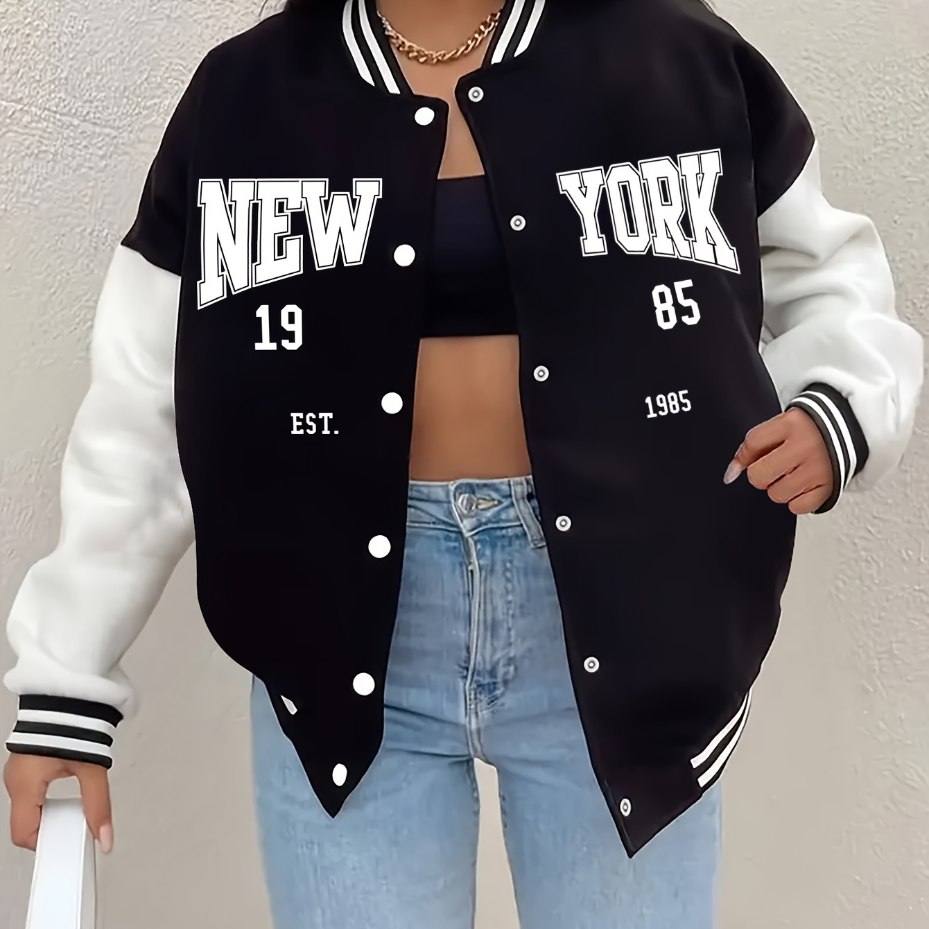 

Women's Casual New 1985 Print Varsity Jacket, Polyester Baseball Collar, Alphabet Pattern, Lightweight Fall/winter Outerwear