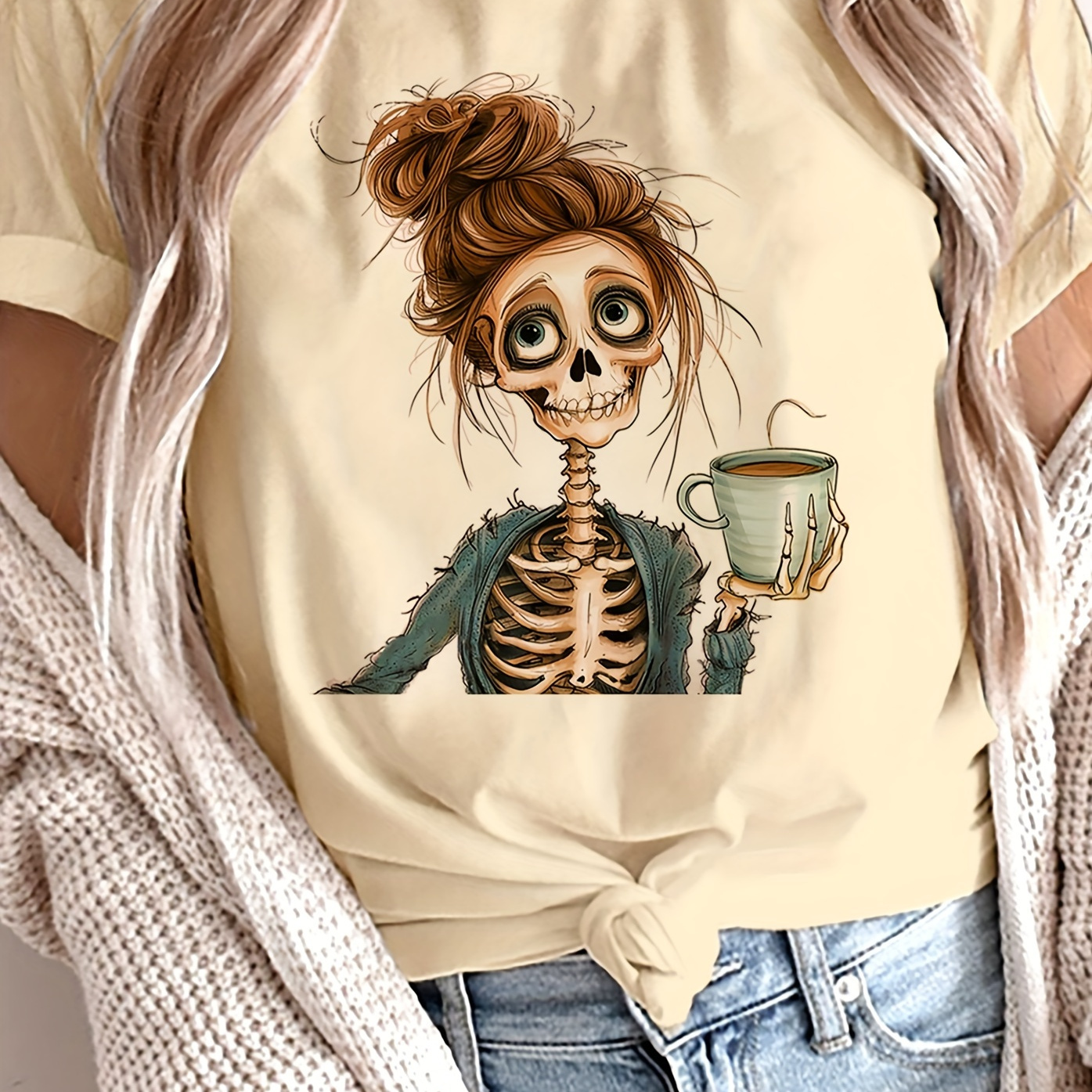 

Halloween Skeleton Neck T-shirt, Comfy Short Sleeve Casual Top For Summer & Spring, Women's Clothing