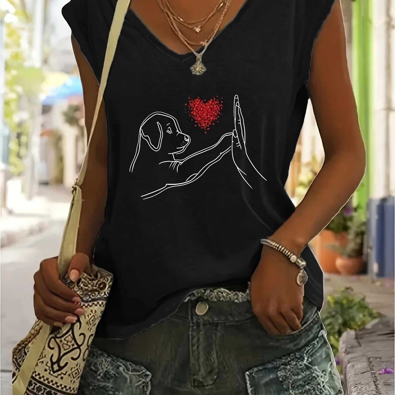 

Dog Print V Neck T-shirt, Casual Short Sleeve Top For Spring & Summer, Women's Clothing