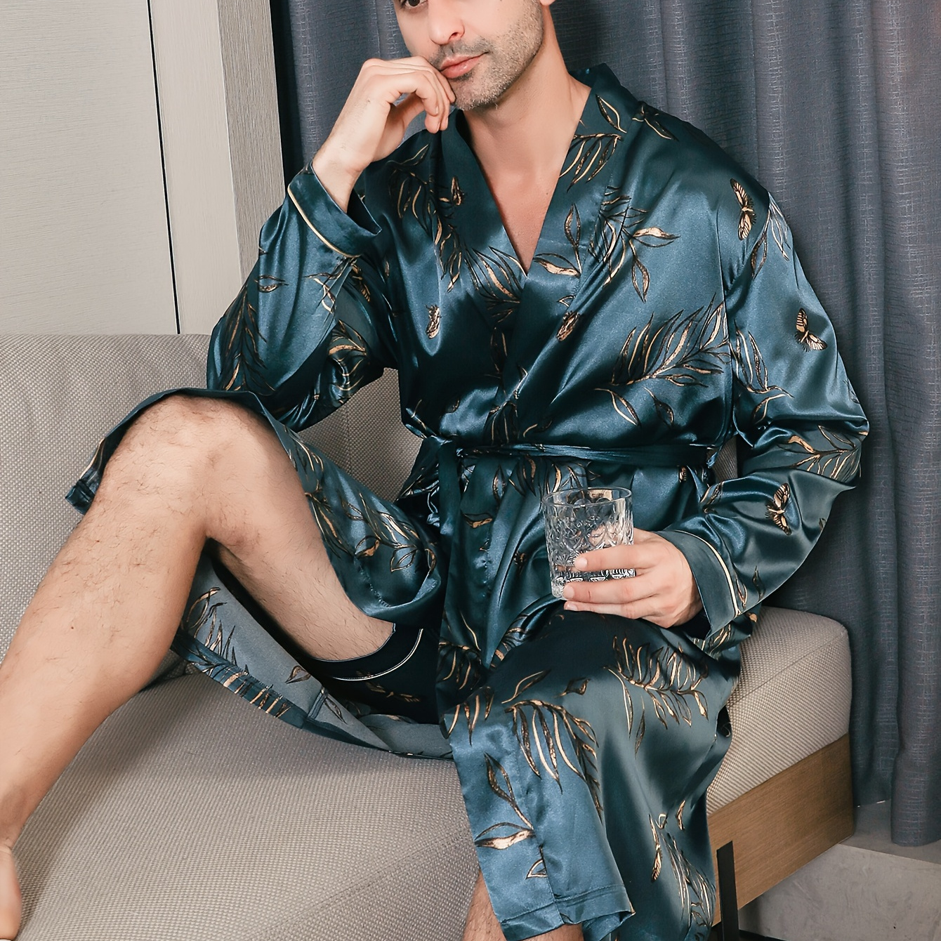 IBAKOM Men's Pajama Satin Robe Silky Hooded Bathrobe