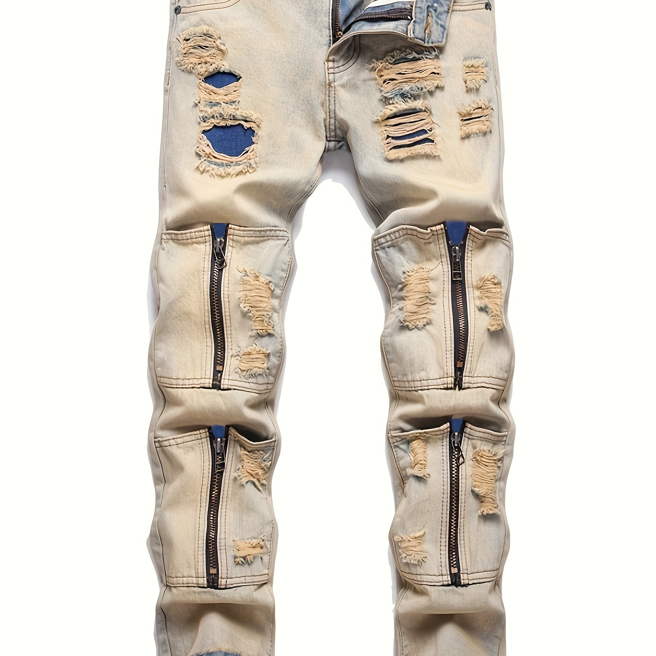 

Men's Ripped Patchwork Jeans With Pockets, Zip Design Distressed Streetwear Long Denim Trousers