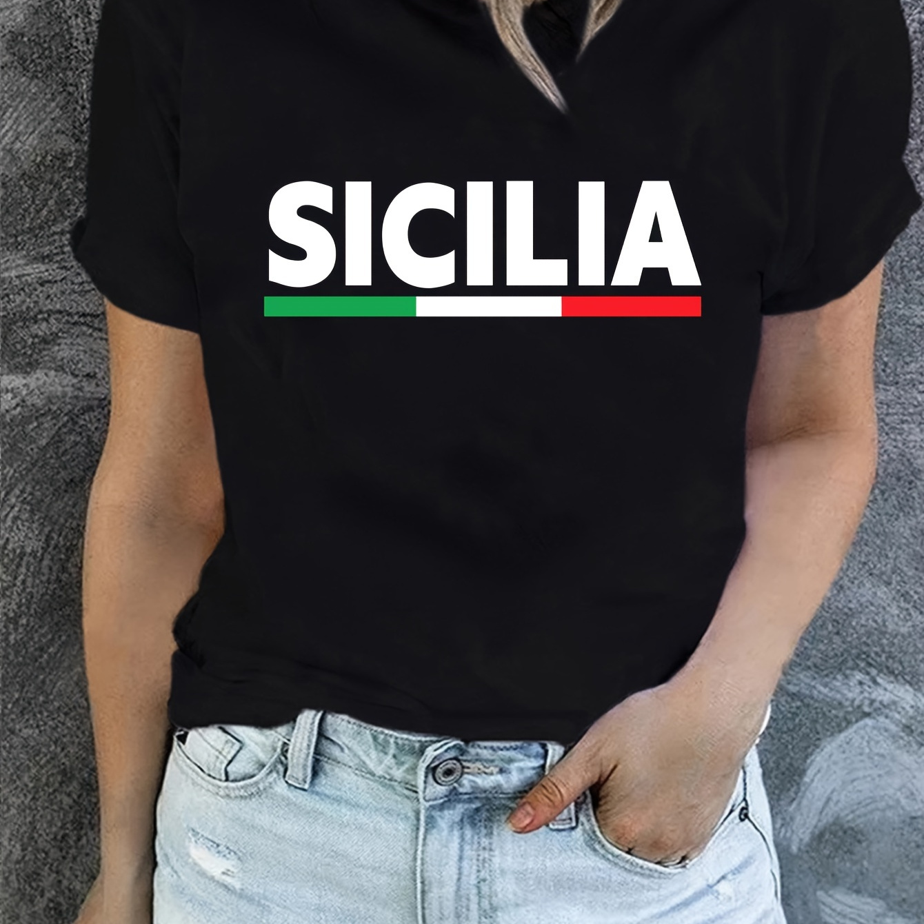 

Sicilia Print T-shirt, Short Sleeve Crew Neck Casual Top For Summer & Spring, Women's Clothing