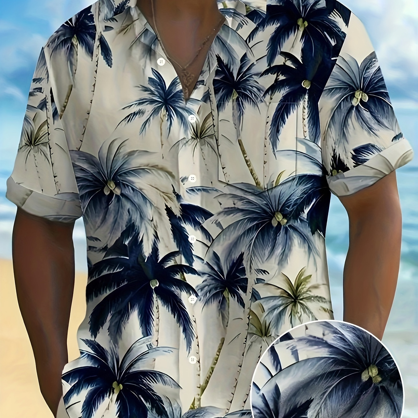 

Men's Hawaiian Palm Tree Print Short Sleeve Shirt, Casual Summer Beach , 100% Polyester, Loose Fit, Single Breasted, Woven Fabric, 130gsm, Regular Length - No Belt, No Chest Pad