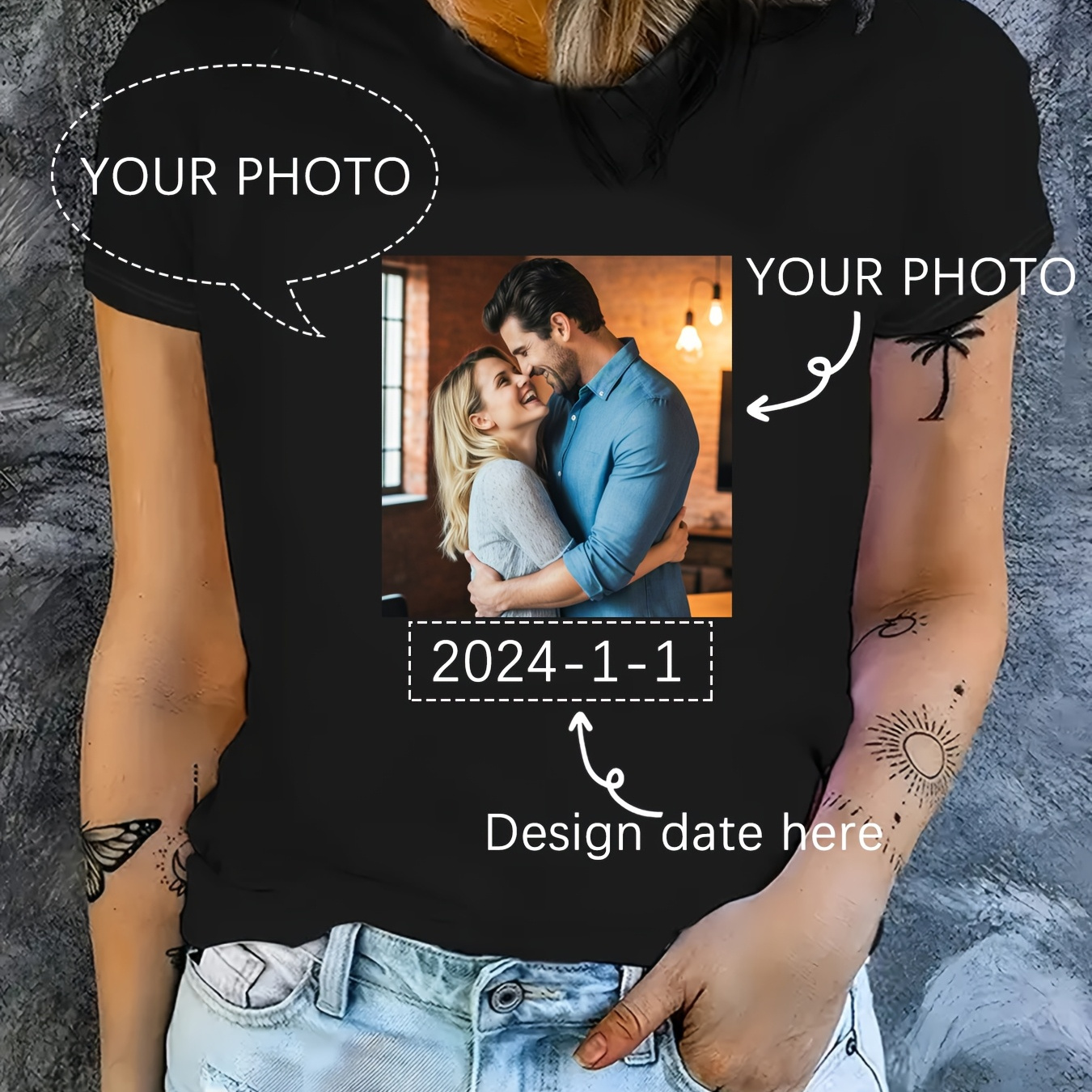 

1pc Custom Photo Date T-shirt, Polyester Knit Fabric, Medium Stretch, Crew Neck, , Short Sleeve Tee For Men And Women
