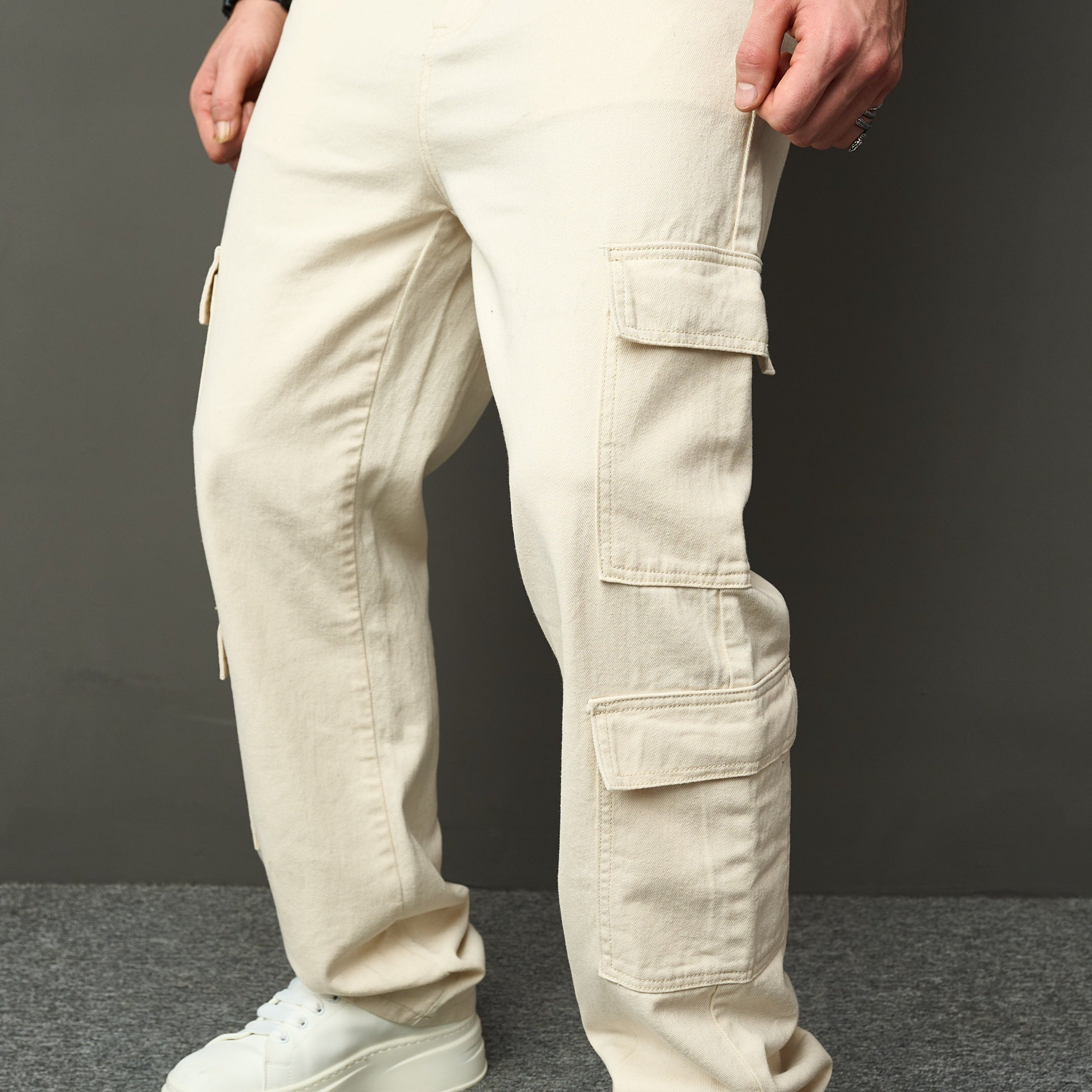 

Men's Casual Loose Fit Straight Leg Cargo Jeans - Beige Solid Color Denim Pants, Cotton Blend, Non-stretch, Regular Length, All-season, Raw Wash Details, Loose Fit Adult Woven Trousers