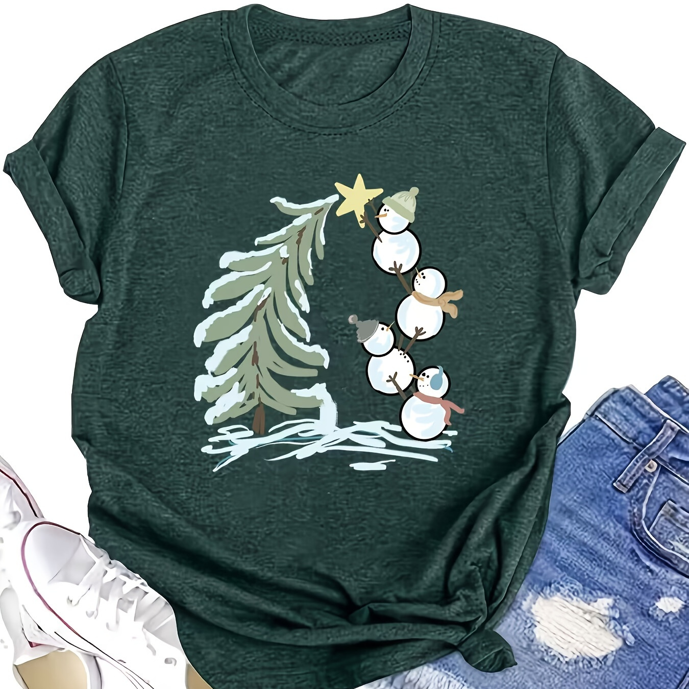 

Plus Size Christmas Tree And Snowman Print T-shirt, Casual Crew Neck, Polyester-rayon-spandex Blend, Slight Stretch, Knit Fabric, Versatile For All Seasons