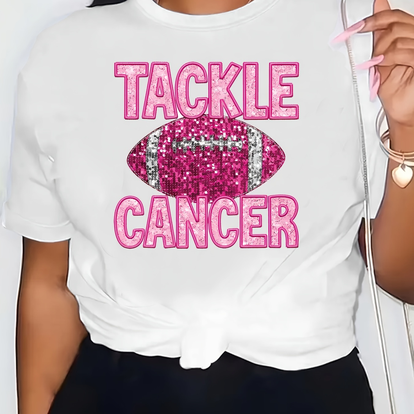 

Football & Tackle Cancer Letter Print T-shirt, Short Sleeve Crew Neck Casual Top For Summer & Spring, Women's Clothing