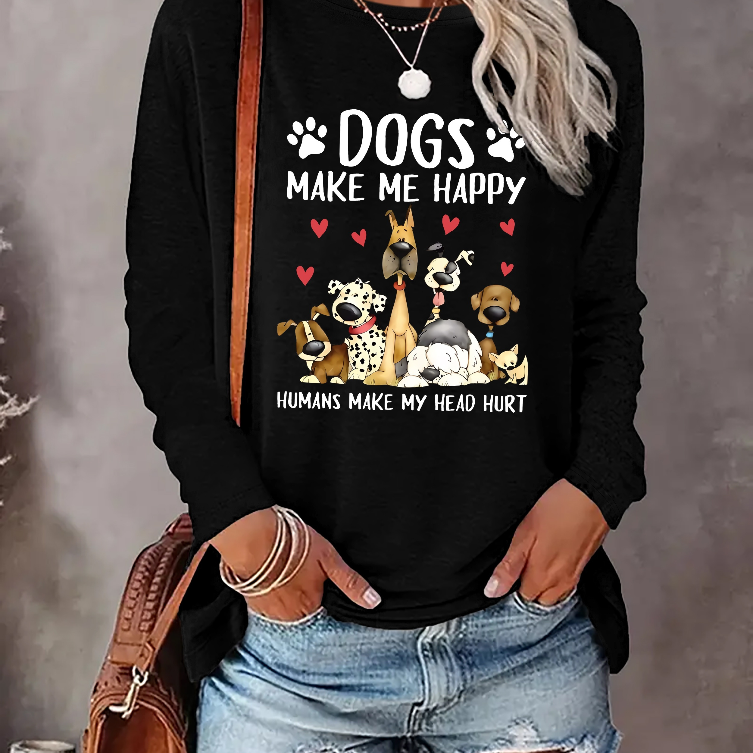 

Dog & Letter Print Crew Neck T-shirt, Casual Long Sleeve Top For Spring & Fall, Women's Clothing