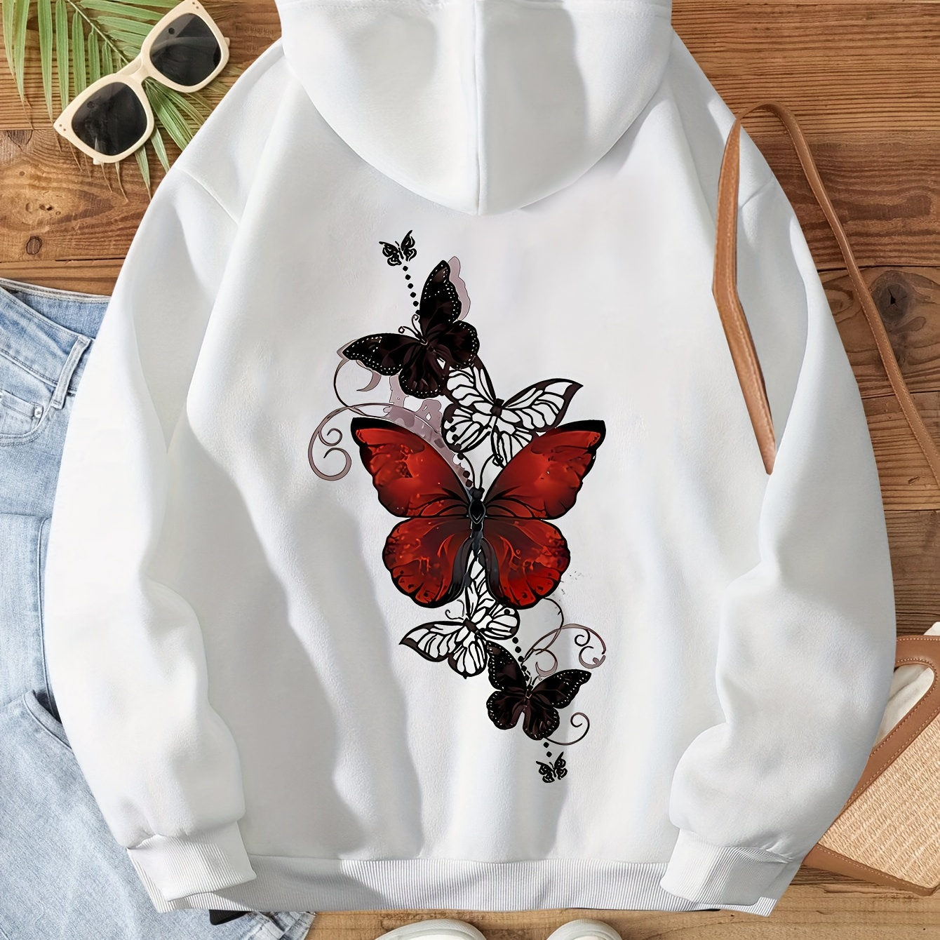 

Butterfly Print Kangaroo Pocket Hoodie, Casual Long Sleeve Drawstring Hoodies Sweatshirt, Women's Clothing