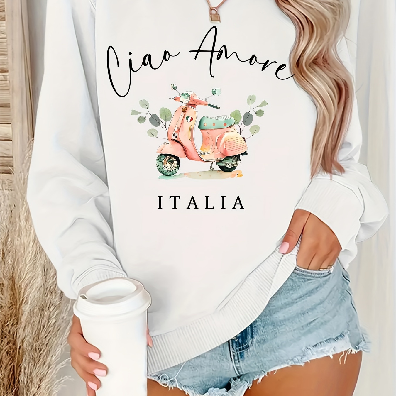 

Women's Italy Letter Print Sweatshirt, Casual Crew Neck Polyester Knit, 100% Polyester, 250g/m², Fall/ Top