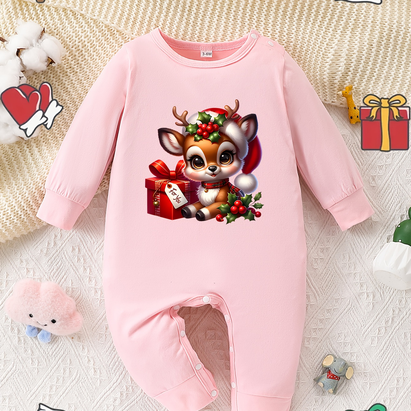 

Adorable Reindeer Print Long-sleeve Romper For Baby Girls - Perfect Christmas Gift, Soft Polyester , Spring/fall Wear