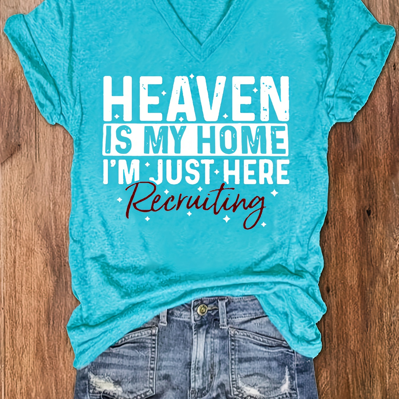 

Heaven Print V Neck T-shirt, Casual Short Sleeve T-shirt For Spring & Summer, Women's Clothing