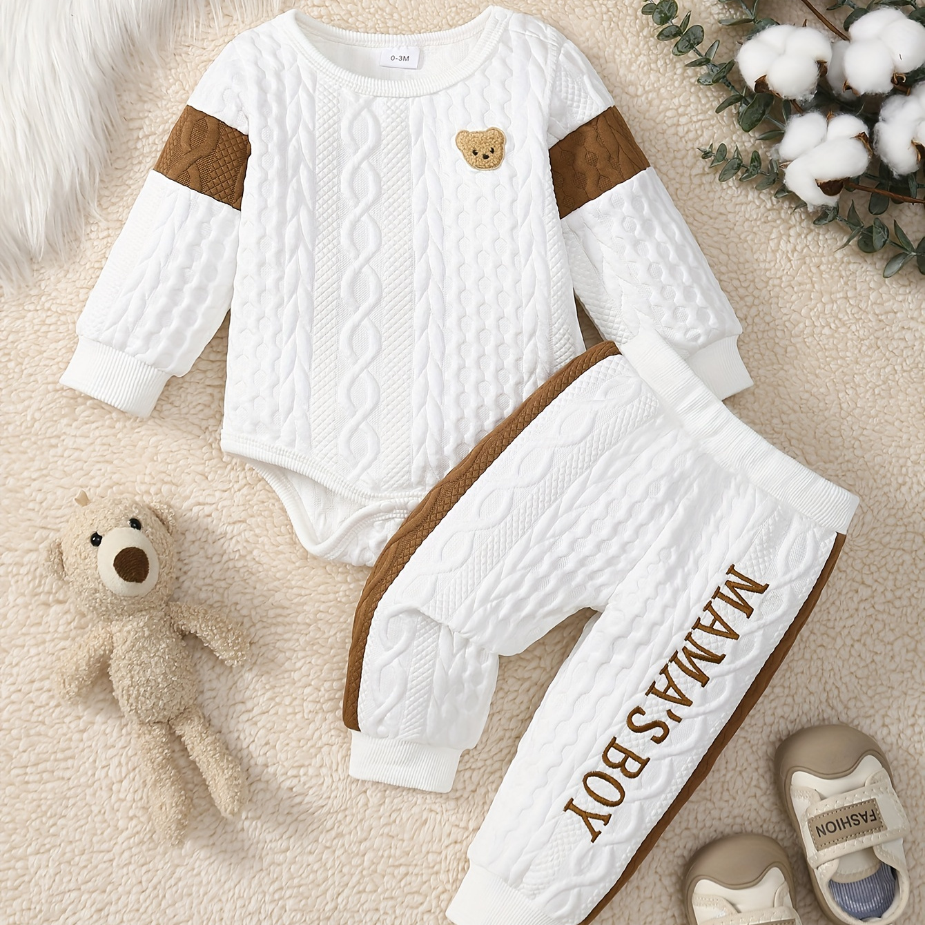 

2pcs, Mama's Boy Pattern Textured Bodysuit And Pants For Baby Boys