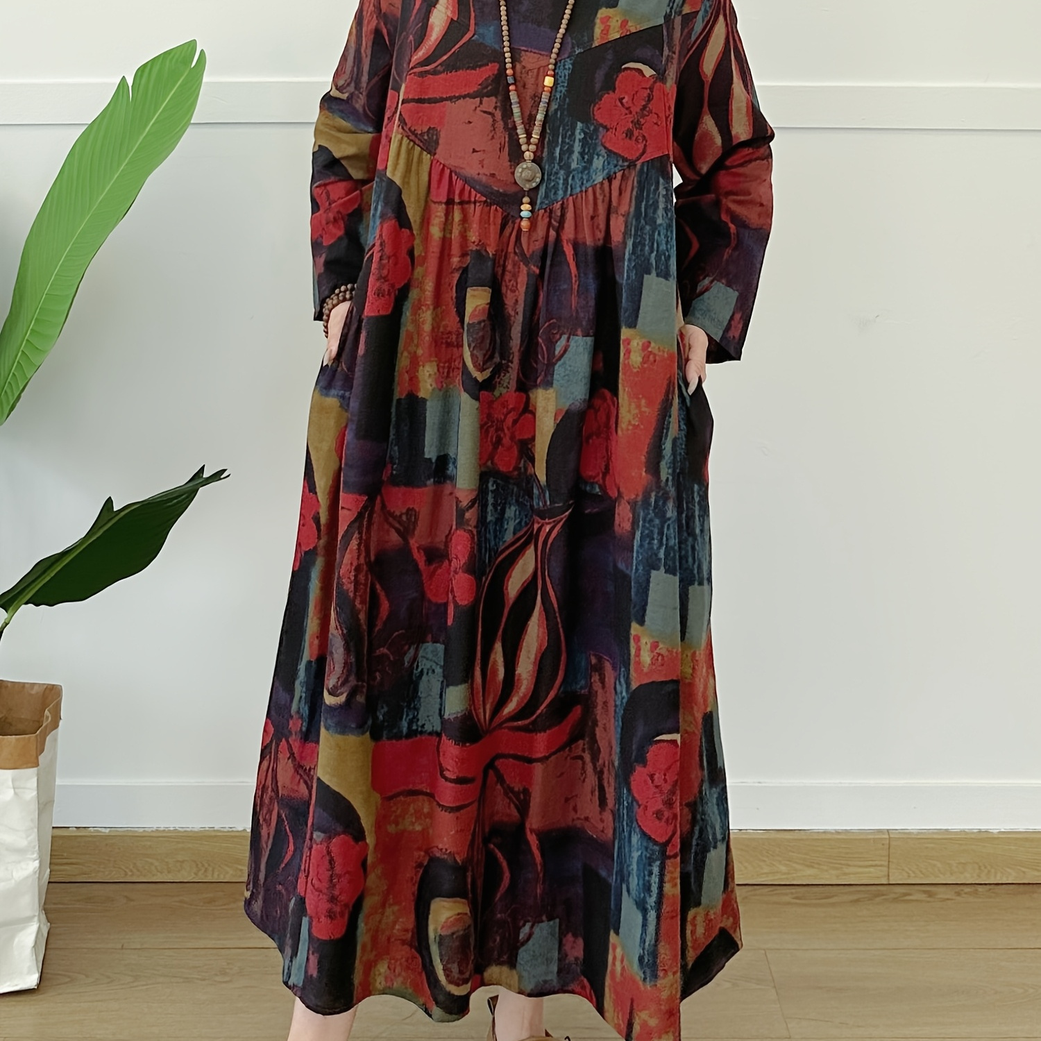 

-chic Tie-dye Linen Dress For Women - Long Sleeve, Round Neck With Pockets, Spring/summer/fall