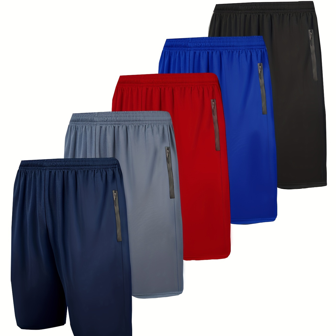 

5pcs Men's Zipper Pockets Active Shorts, Chic Stretch Quick Drying Comfy Breathable Sports Shorts For Basketball Fitness