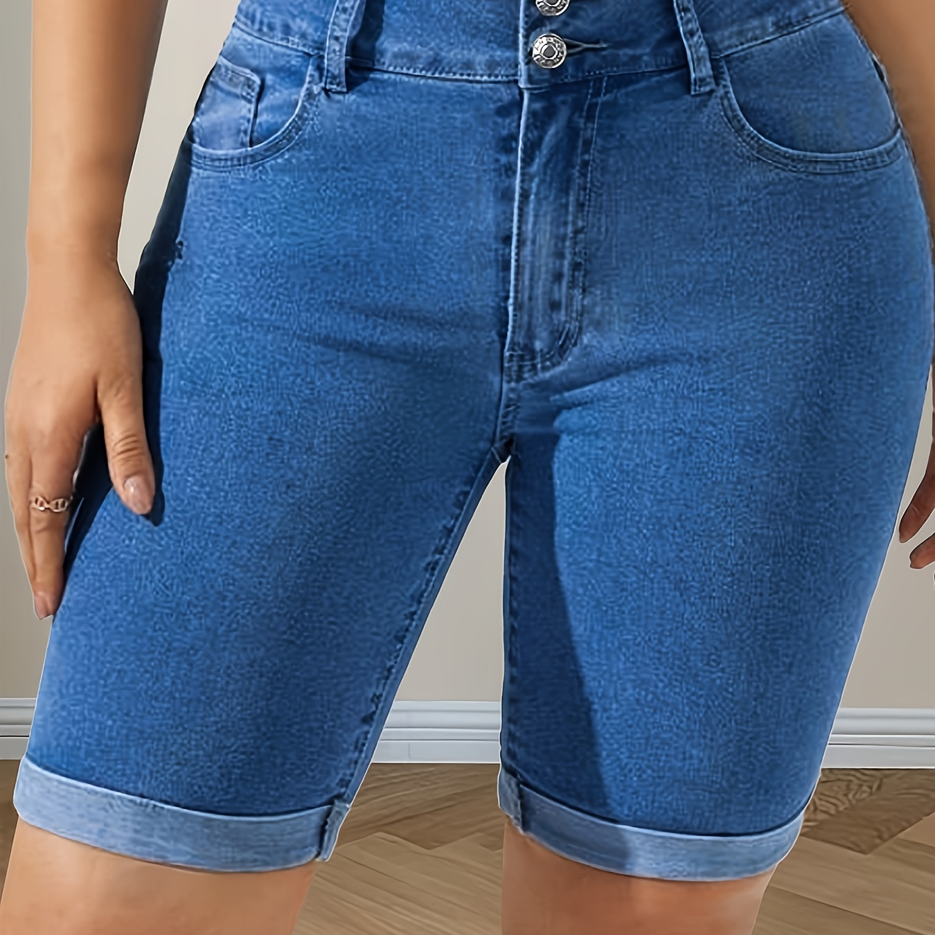 

Rolled Hem Versatile Denim Shorts, Double Button Slash Pockets Short Denim Pants, Women's Denim Jeans & Clothing