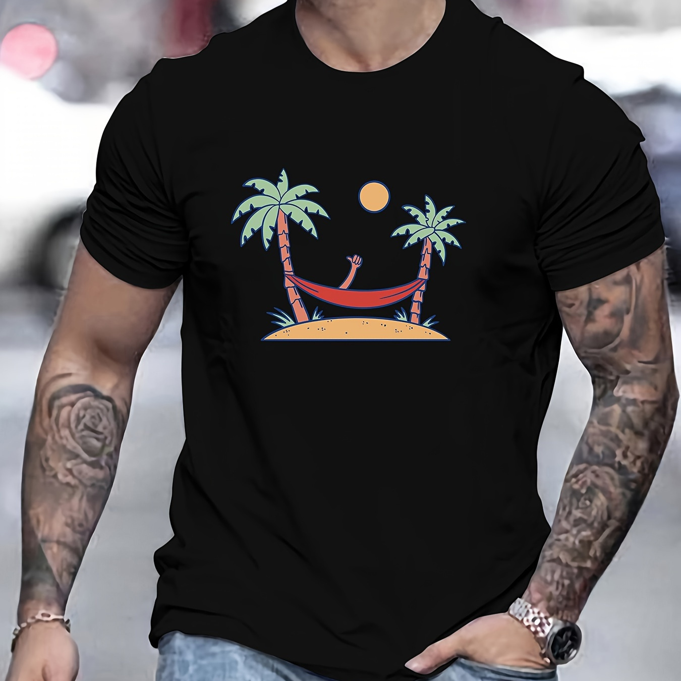 

Cartoon Beach Coconut Tree Thumb Pattern Print Men's T-shirt Short Sleeve Crew Neck Tops Cotton Comfortable Breathable Spring Summer Clothing For Men