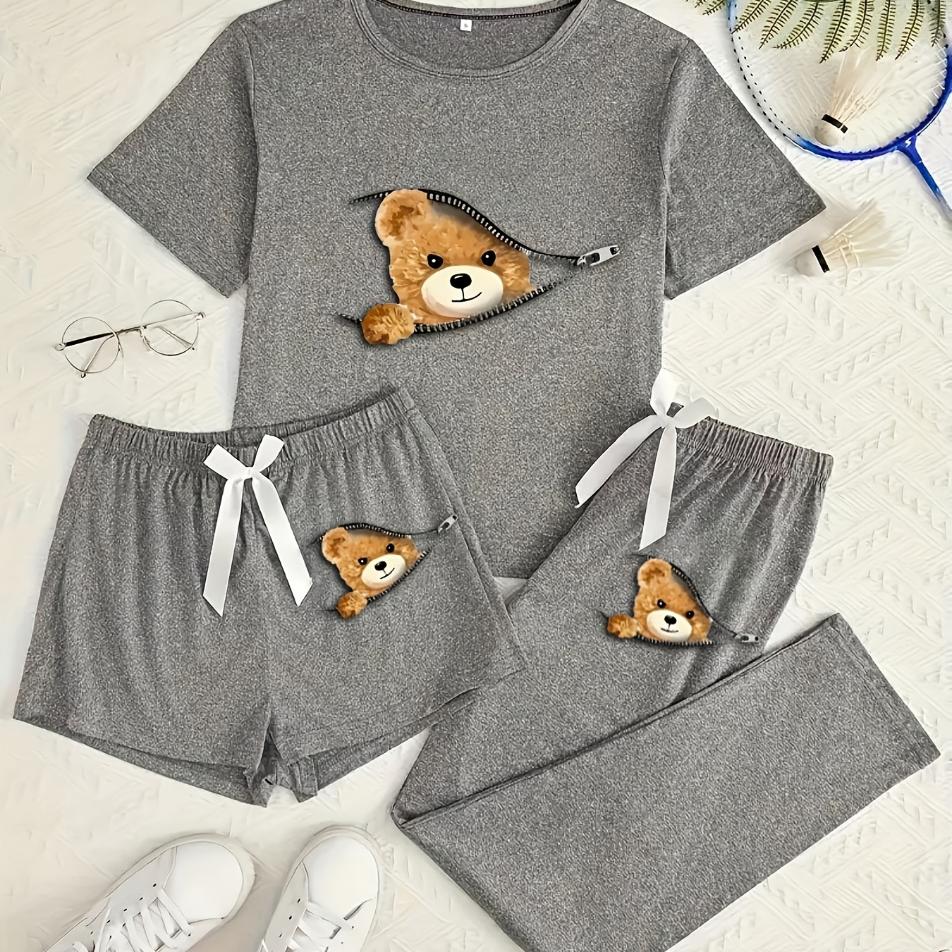 

3pcs Cartoon Pajama Set, Polyester Casual Crew Neck Short Sleeve T-shirt & Shorts & Pants, Women's Sleepwear